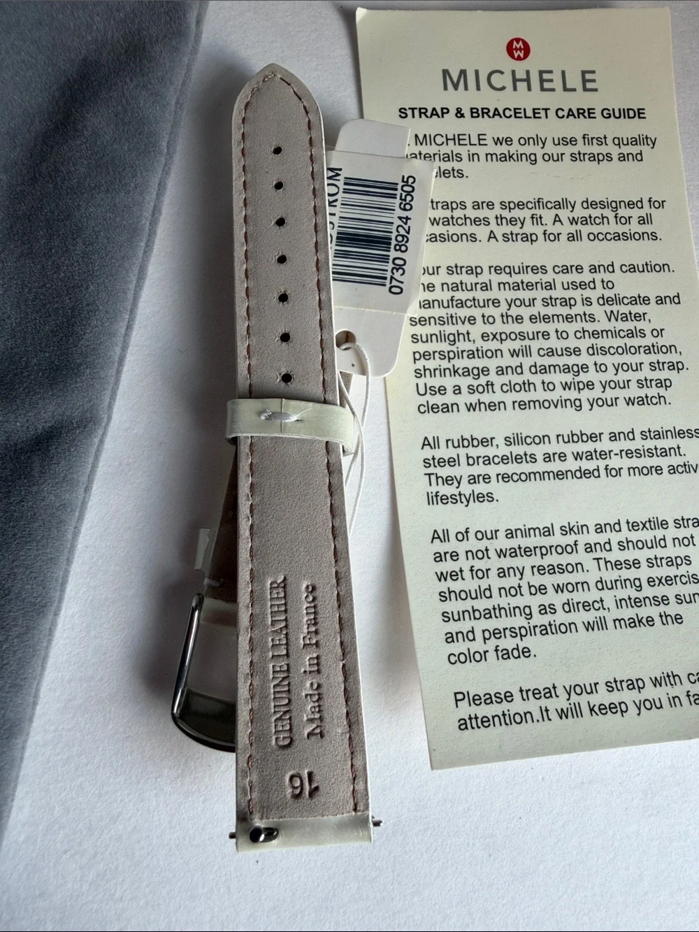 Michele Glossy Pearl White Genuine Leather Watch Strap with Silver Buckle